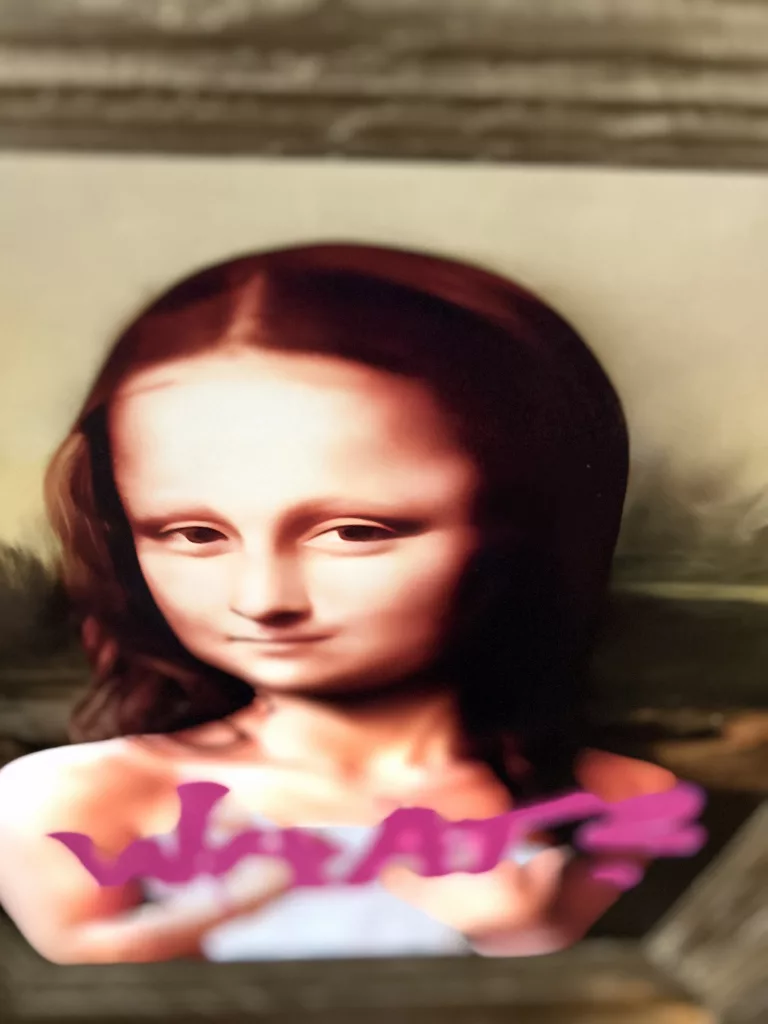 Mona Mona What im Goldrahmen: Mona Lisa mit Handtuch und pinkem WHAT
