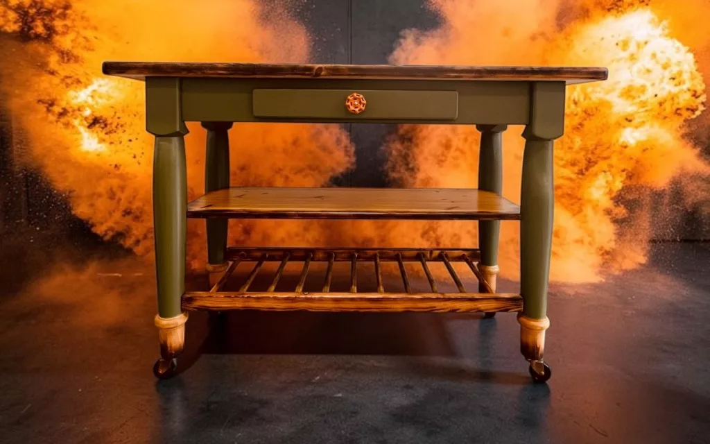 Restaurierter Rolltisch mit olivgrünem Gestell und geflammter Holzplatte