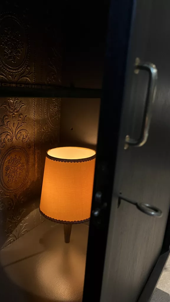 Blick durch die geöffnete Schiebetür auf Lampe und Rückwand
